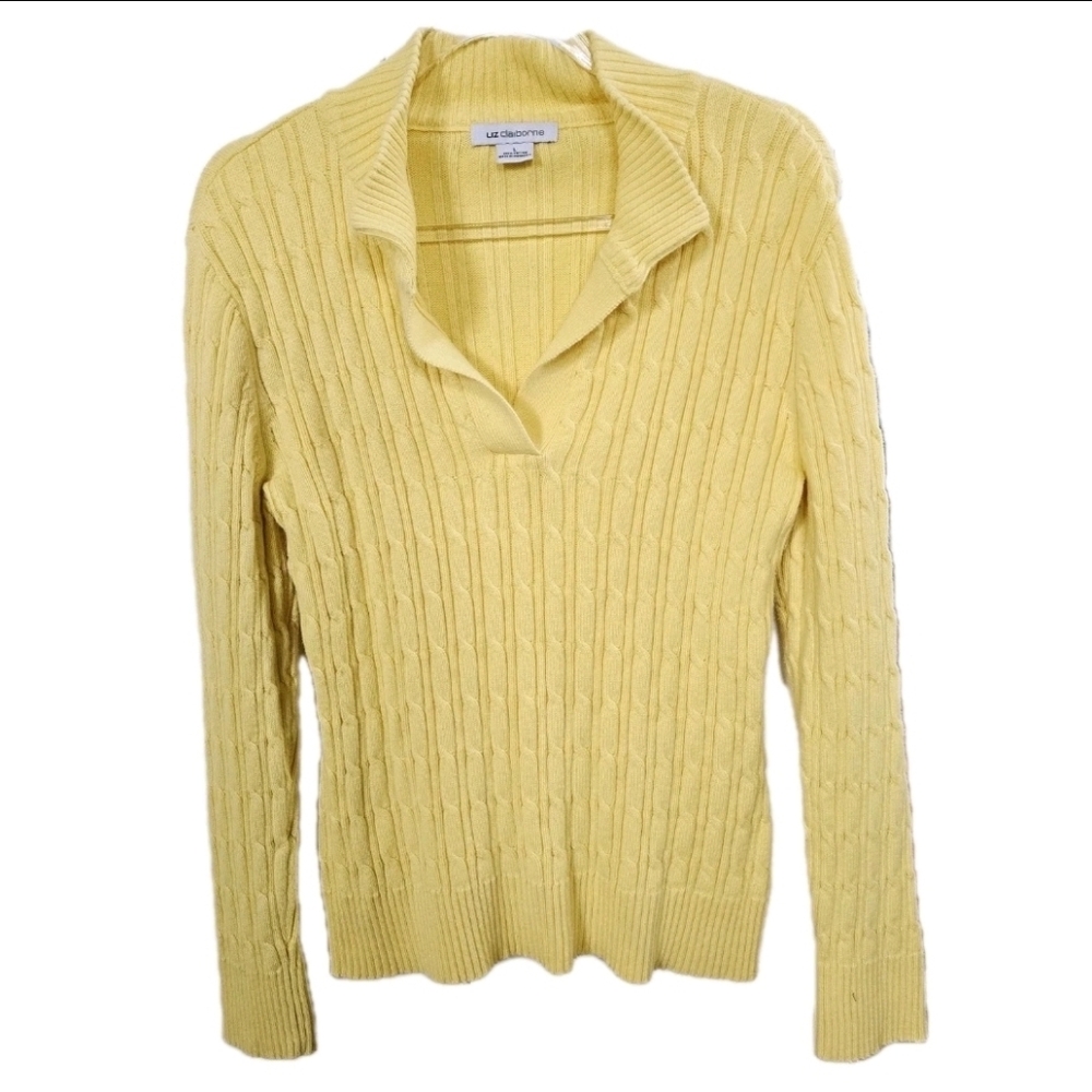 Liz Claiborne Cable Knit Pullover Sweater Top Size L Yellow Cotton Preppy Chunky